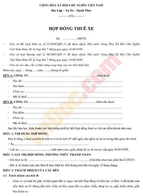 Mẫu hợp đồng cho thuê xe ô tô Mẫu hợp đồng cho thuê xe ô tô